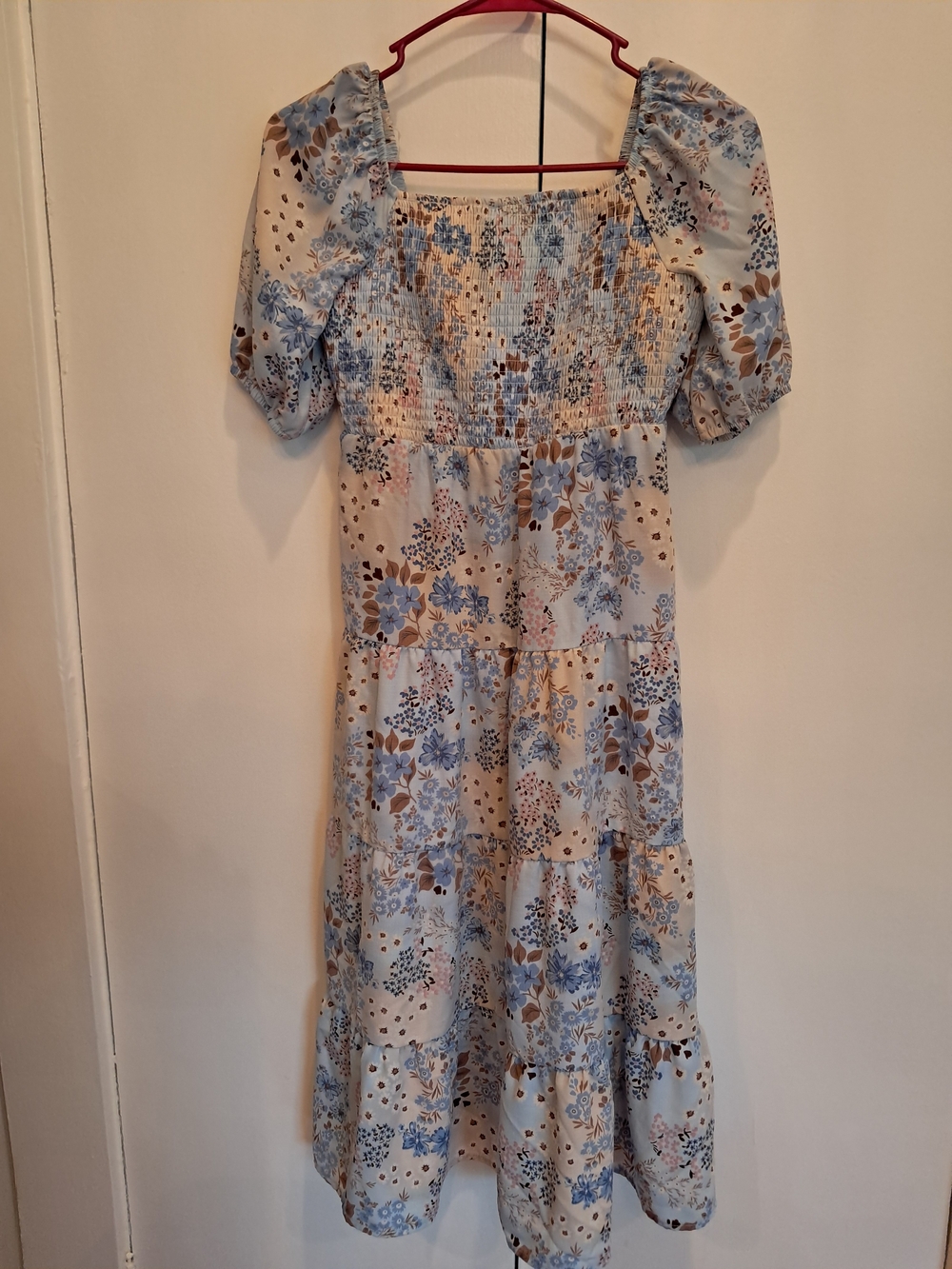 Amy Byer Blue and Brown Floral Smocked Midi Dress